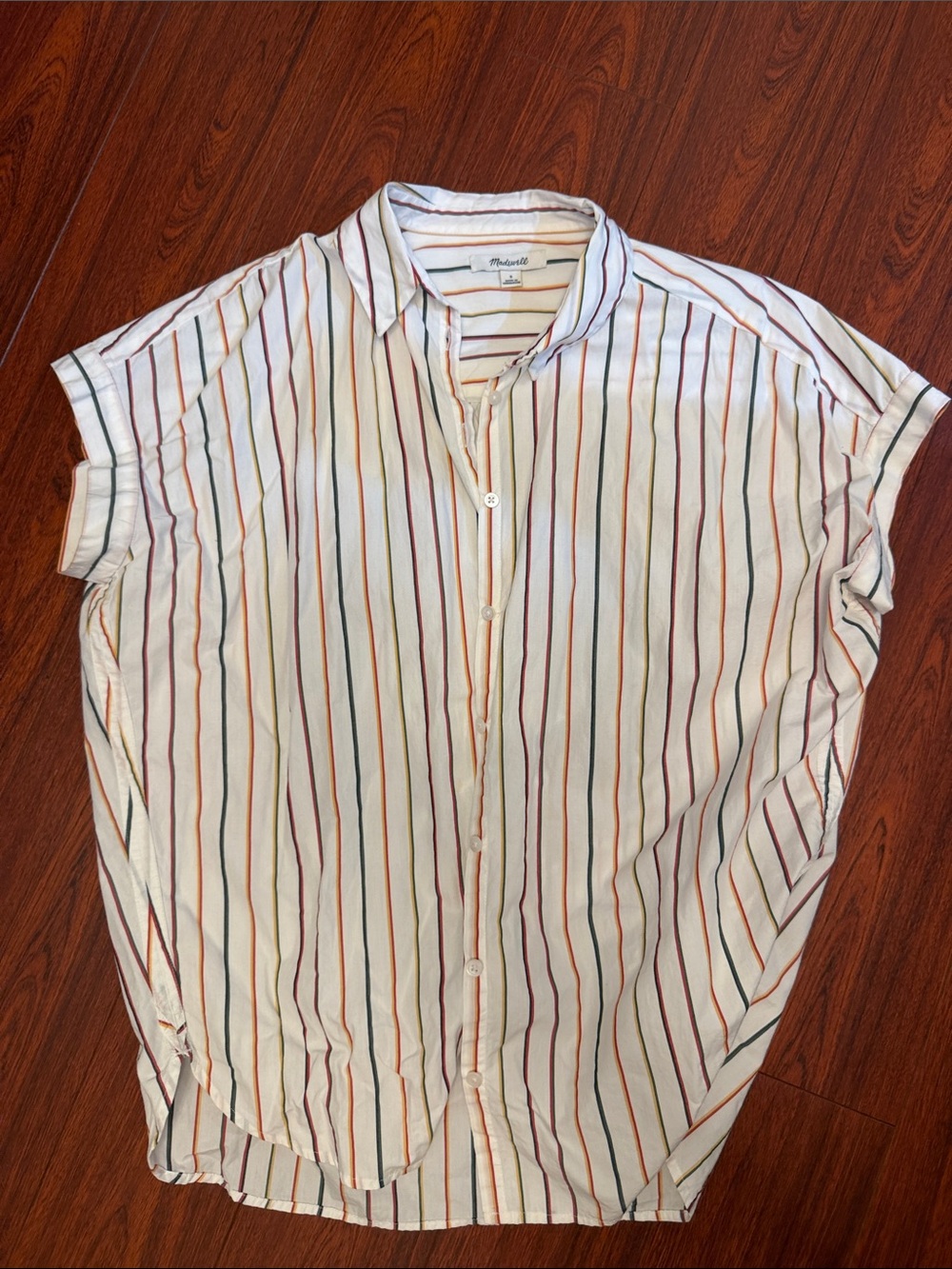 Madewell White Short Sleeve Button-Up with Multicolor Stripes